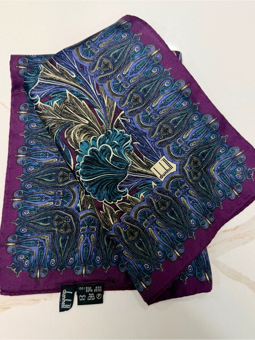 Alfred Dunhill 100% Silk Pocket Square Floral Art Nouveau Purple Blue Italy